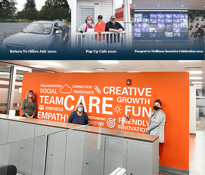NYCM Insurance office photos during the covid-19 pandemic. Return to office 2020. New office renovation in progress, Popup Cafe 2020, Passport to Wellness Incentive Zoom meeting in new auditorium 2021.