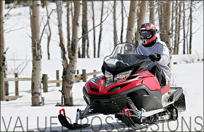 Rider on snowmobile near woods