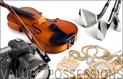 Violin, DSLR camera, golf clubs, gold watch, gold chains and gem earrings